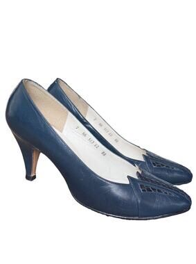 Vintage Stanley Philipson Navy Leather Pumps Pointed Toe Woven Detail 7 USA EUC